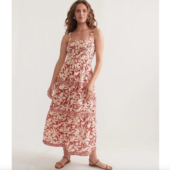 Marine Layer Selene Tiered Maxi Sun Dress L Red Cream Floral Square Neck Smocked - Picture 1 of 8